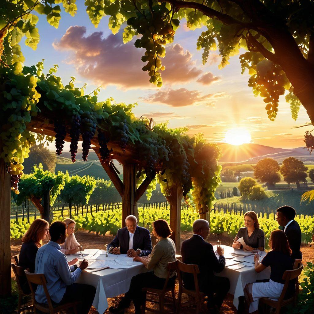 A picturesque vineyard landscape at sunset, with ripe grapes hanging from lush vines. In the foreground, a diverse group of people discussing plans, surrounded by documents labeled 'Grants' and 'Funding.' Ethereal light beams shining down, symbolizing hope and opportunity. A subtle overlay of government building silhouettes in the background. vibrant colors. super-realistic.