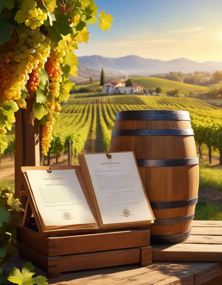 A picturesque vineyard with grapevines heavy with ripe grapes, a vintage winemaking facility in the background, sunlight casting a golden hue over the land, financial documents and grant approval papers spread out on a wooden barrel, symbolizing the connection between dreams and reality in winemaking. vibrant colors. super-realistic.