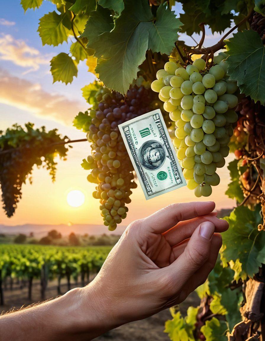 A picturesque vineyard landscape at sunset, showcasing lush grapevines with ripe grapes ready for harvest. In the foreground, a hand holding a green dollar bill symbolizing funding intertwined with vines and grapes. A tranquil sky with soft, warm colors reflecting on a nearby wine barrel. The scene emanates a sense of growth, prosperity, and opportunity. super-realistic. vibrant colors.